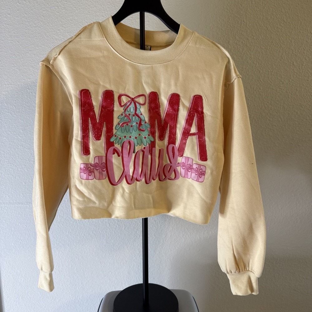 Amazhiyu Women's Long Sleeve Cropped Sweatshirt "MAMA CLAUS" Graphic Cream Sz S